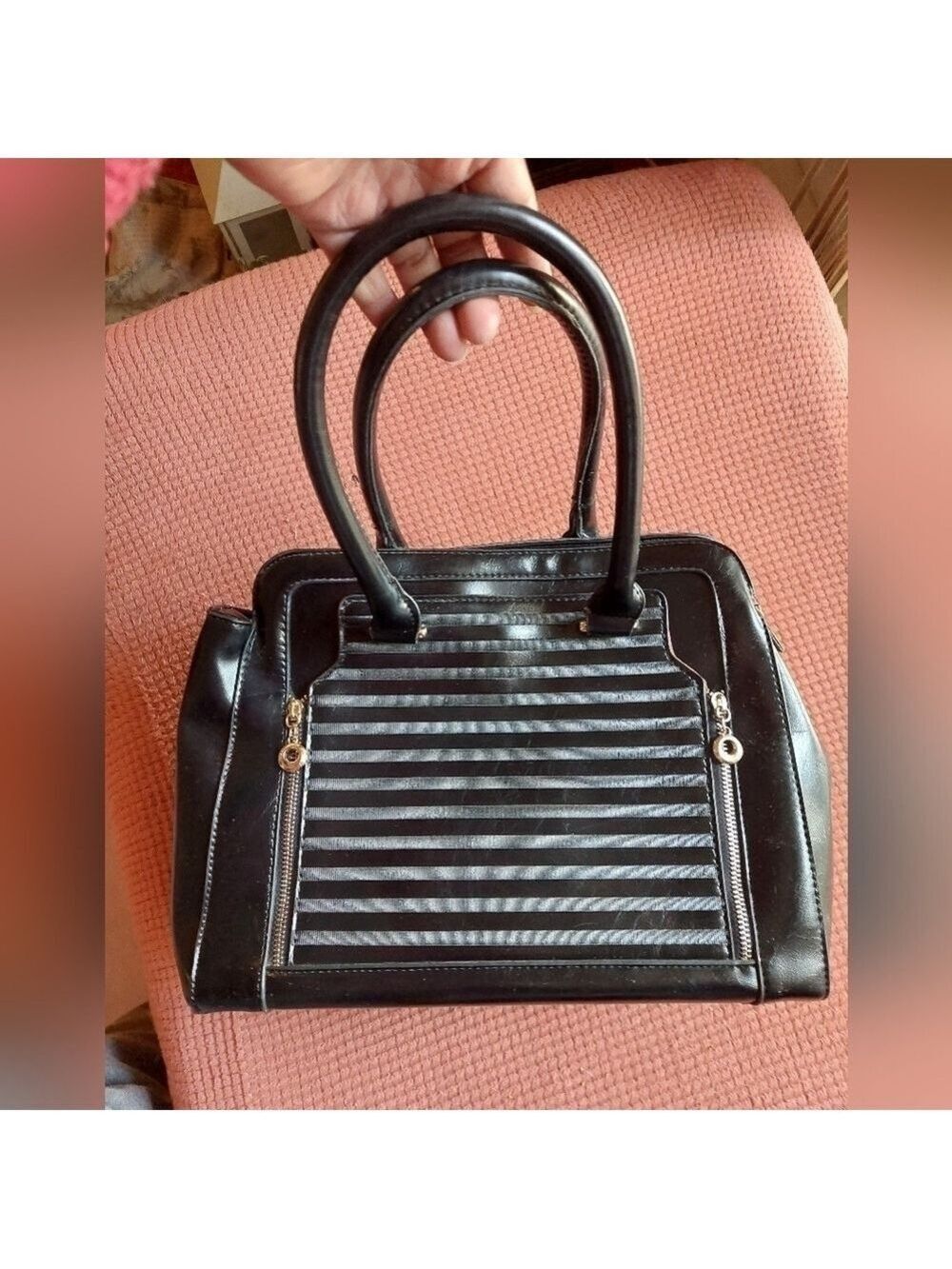 Black Synthetic Shoulder Bag with Front Zippered Panel